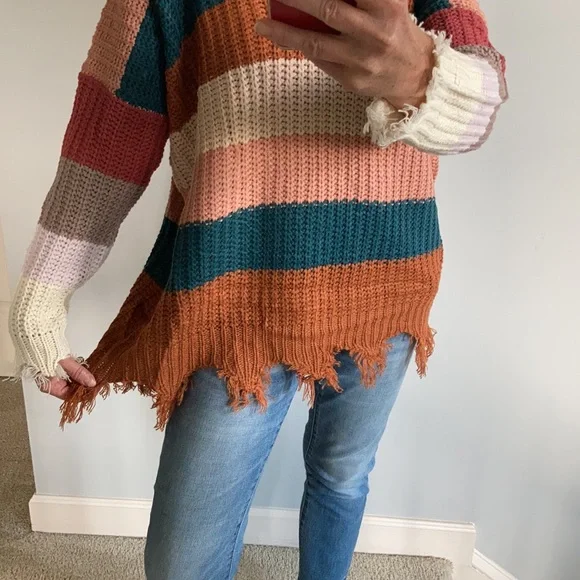 Oversized, Distressed Striped Sweater - Picture 6 of 8